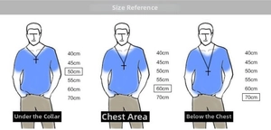 Size guide showing stainless steel necklace chain lengths from 40cm to 70cm on a torso