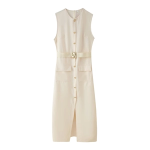 Beige sleeveless buttoned midi blazer dress with matching belt and golden hardware