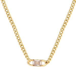 Detailed close-up of golden Cuban chain necklace featuring a rectangular clear zircon stone