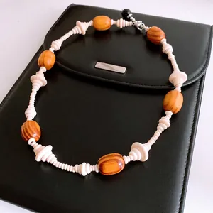 Wood Bead And Stone Necklace With Copper Oval Pendant Ethnic Vintage Style Long Sweater Chain Beaded Jewelry For Women