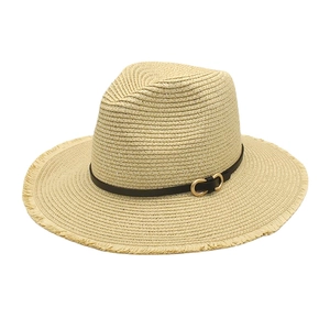 Foldable khaki straw sun hat with brown leather band and gold buckle for summer travel