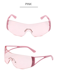 Detail of pink Y2K rimless sunglasses with rhinestone star accents on temples