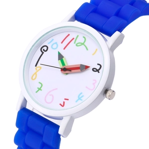 Detailed view of kids watch featuring pencil-shaped hands and blue silicone strap