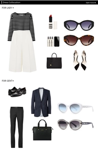 Flat lay of stylish oval sunglasses paired with striped knits and formal suits