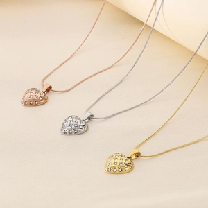 Heart Pendant Necklace And Earrings Jewelry Stainless Steel Woven Texture Rhinestone Elegant Fashion Accessory For Women