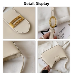 Detail shots of cream baguette bag showing golden buckle and fine stitching craftsmanship
