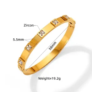 Polished gold buckle bangle with five square-cut white zircons for women