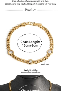 Gold Cuban link bracelet with clear zircons, 16+3cm length, 5mm width, lobster clasp