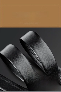 Detailed macro view of black leather belt featuring premium lychee grain and hidden stitching