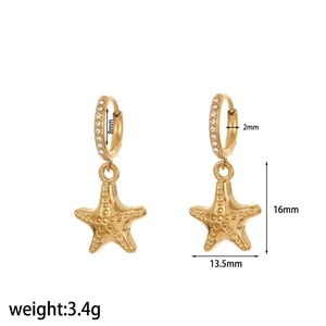 Detailed dimensions of gold starfish earrings with clear crystals and 8mm inner hoop size