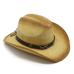 Hand-woven gradient western cowboy straw hat with vintage leather band and metal rivets