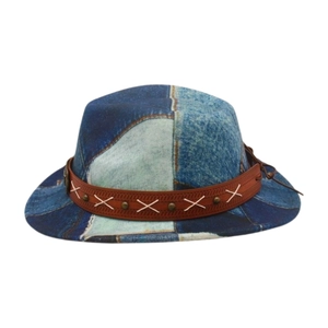 Detail of denim patchwork kids jazz hat with brown leather belt and metal rivets