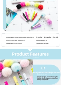 Detailed view of colorful fur ball beaded pens with plastic barrel and crystal beads