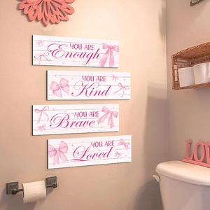 Inspirational Wooden Wall Plaques Hanging Signs For Home Decor Bathroom Bedroom Pink Bow MDF Wood Aesthetic Decorations