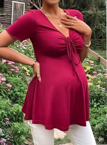 Maternity Dress V Neck Short Sleeve Ruched Drawstring Front Solid Color A Line Elegant Summer Clothing For Pregnant Women