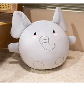 Detailed view of a soft grey round elephant plush toy with cute pink cheeks on a cozy rug