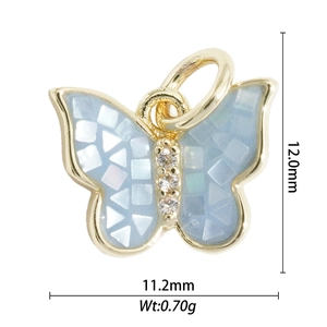 Detail of butterfly pendant charm with blue shell mosaic and zircons showing 12mm dimensions