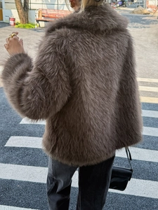 Cappotto da donna in finta pelliccia marrone scuro, giacca soffice a maniche lunghe, retro