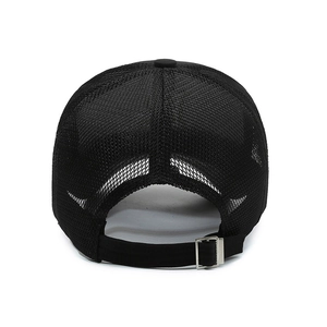 Black mesh baseball cap featuring breathable back design and adjustable metal buckle strap
