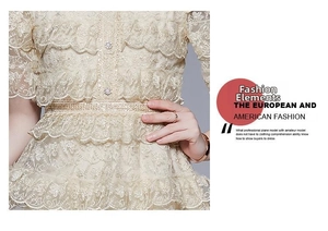 Detail of ruffle lace tiered dress with gemstone buttons and intricate embroidery