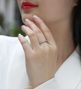 Close-up of S925 sterling silver band ring set with multiple sparkling round moissanite