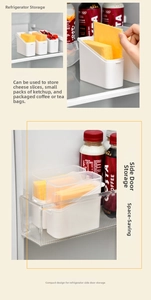 Macro detail of white plastic storage box organizing cheese slices in refrigerator