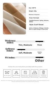 Detailed spec sheet for 180x70cm plaid scarf showing polyester fabric and care icons