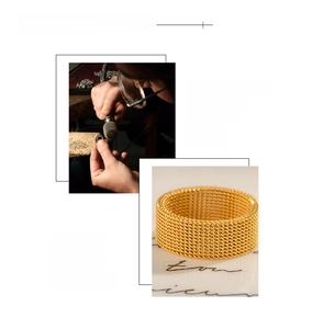 Detail of 18K gold-plated stainless steel grid ring showing the vacuum plating process