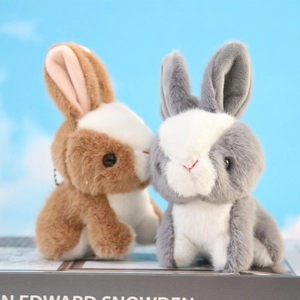Detail of plush bunny keychains in brown and grey sitting on a book outdoors