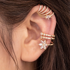 Gold butterfly ear cuff set with micro-pave zircons for non-pierced cartilage earrings