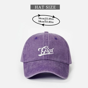 Detail view of purple washed cotton baseball cap with Gigi embroidery and adjustable size info