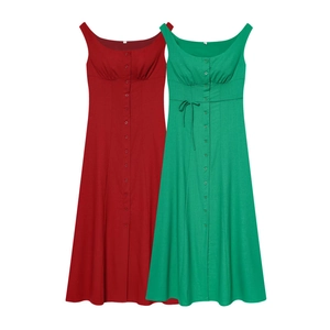 Sleeveless linen blend midi dress with button-front and flared skirt in red and green