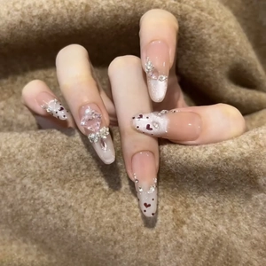 Press On Nails Cat Eye French Style Heart Rhinestone Artificial Pearl Pink Almond Shape Glossy Sweet Fake Nails For Women