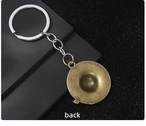 Macro view showing the back of an antique bronze western cowboy hat pendant keychain