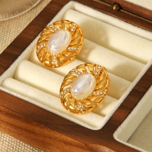 Orecchini in acciaio inossidabile oro 18k con perla iridescente e strass scintillanti