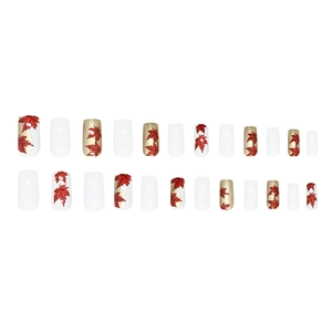 Pearlescent red maple leaf square press-on nails set with gold accents, 24 piece kit