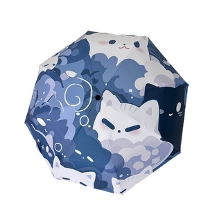 Foldable umbrella with navy blue cute cartoon cat pattern and UV protection coating