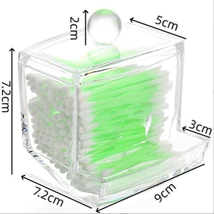 Clear acrylic cotton swab holder with lid for makeup vanity, size 9x7.2x9.2cm