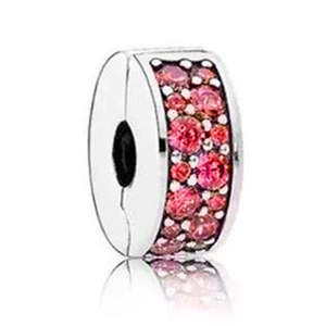 Silver bead charm with pink pavé-set cubic zirconia for necklaces and bracelets