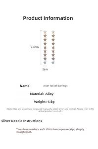 Detailed view of long star fringe earrings with silver needles and alloy material specifications