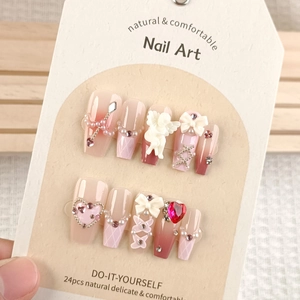 Pink gradient long trapezoid press-on nails with 3D angel and pearl bow decorations