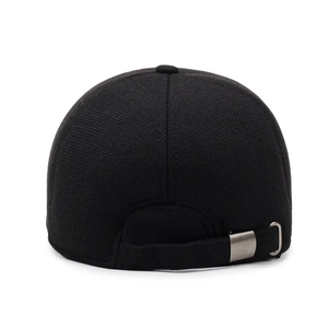 Men's winter baseball cap in black textured fabric with adjustable silver buckle back view