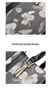Detail of reinforced black leather handle with champagne gold hardware on floral tote bag
