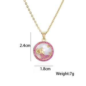 Aries zodiac medallion necklace with pink crystals and white mother of pearl inlay