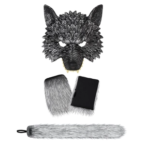 Realistic Werewolf Mask And Faux Fur Gloves And Tail For Halloween Cosplay Party Animal Fancy Dress Accessory