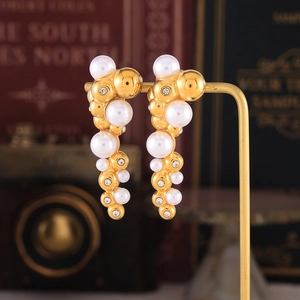 French Vintage Cluster Drop Earrings Irregular Splicing Titanium Steel 18K Gold Plated With Imitation Artificial Pearl Rhinestone