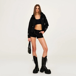 Women black street style hooded jacket with cross print and matching platform boots