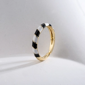 Bohemian gold plated geometric open ring with black and white enamel stripes for women