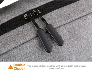 Detail of smooth double zipper closures on gray textured business laptop backpack fabric