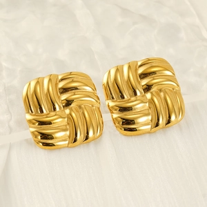 18k gold plated stainless steel square earrings with woven texture on white fabric